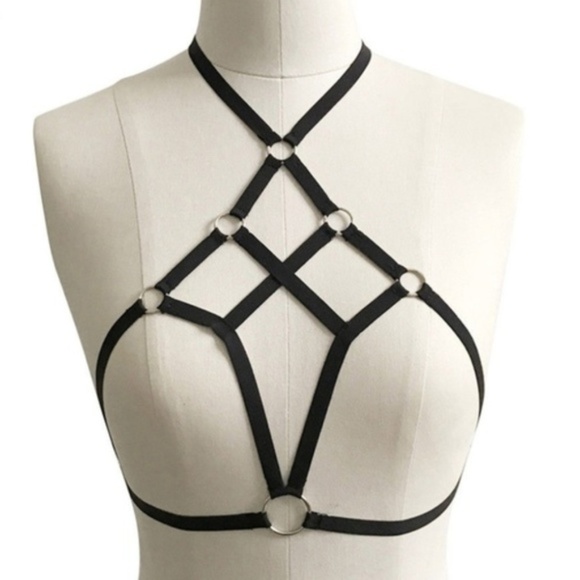 Black Strappy Harness Cage Bra Bralette O/S - Picture 2 of 3